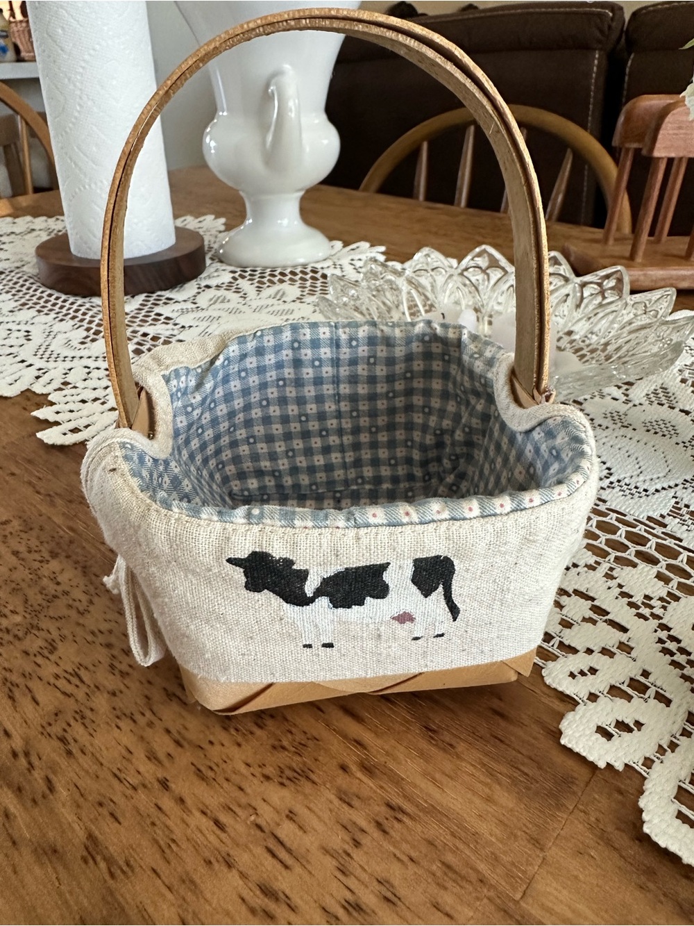 Vintage Blue and Natural Linen Basket with Leather Handle
